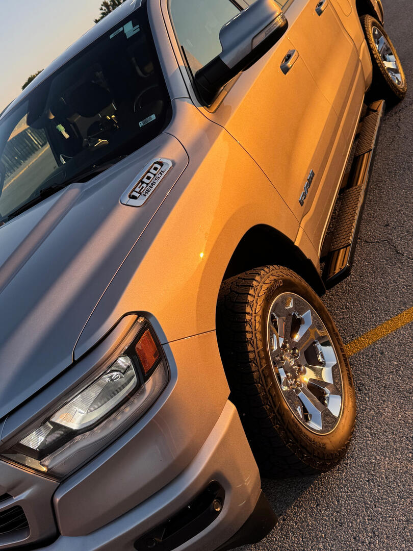 Finished silver Ram truck exterior after detailing